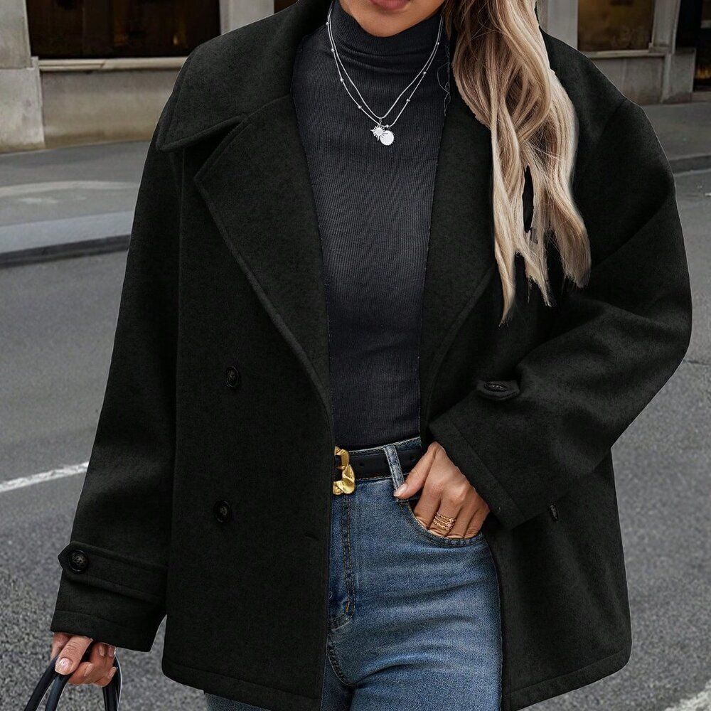 Black Casual Women's Stand Collar Double Breasted Coat